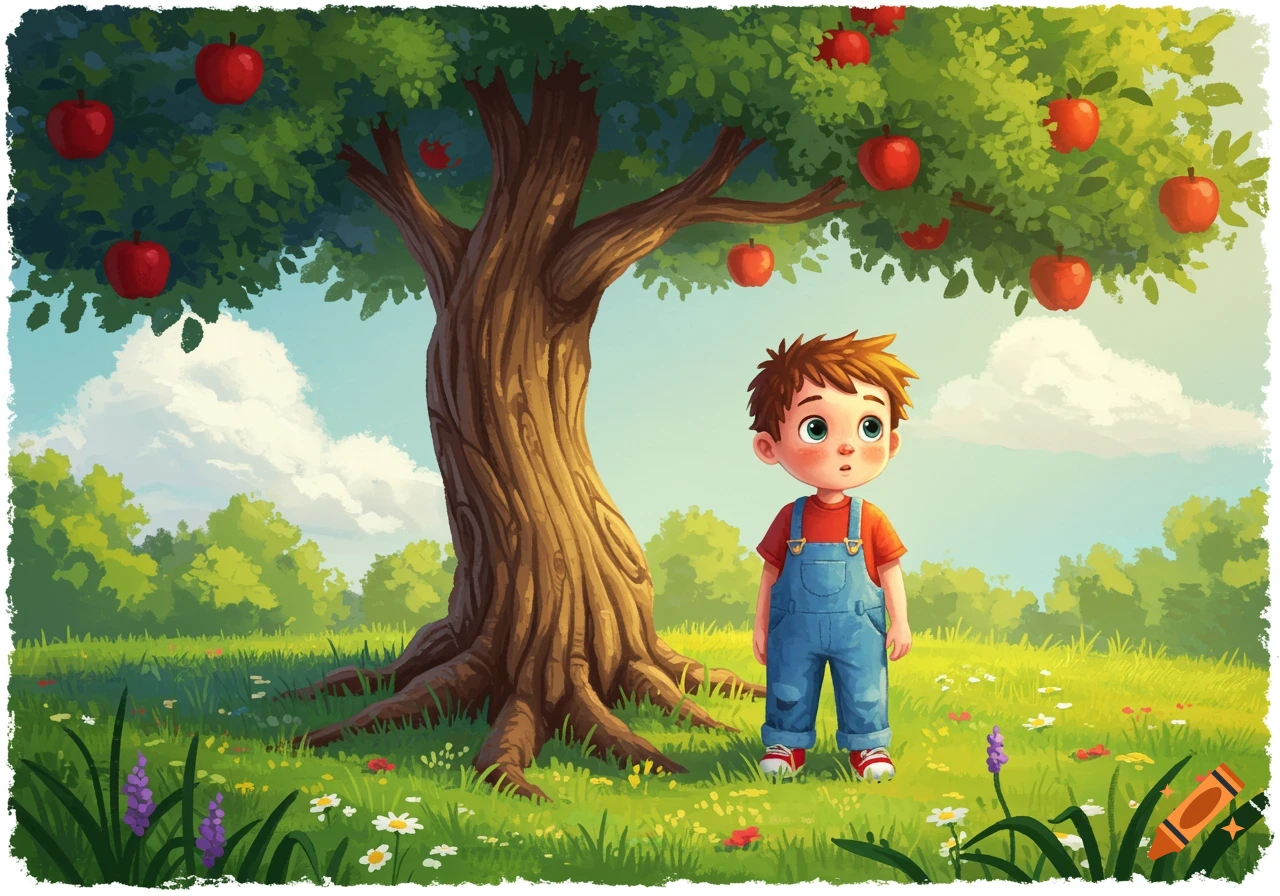 A young boy looks up at an apple tree in a sunny garden, illustration style.