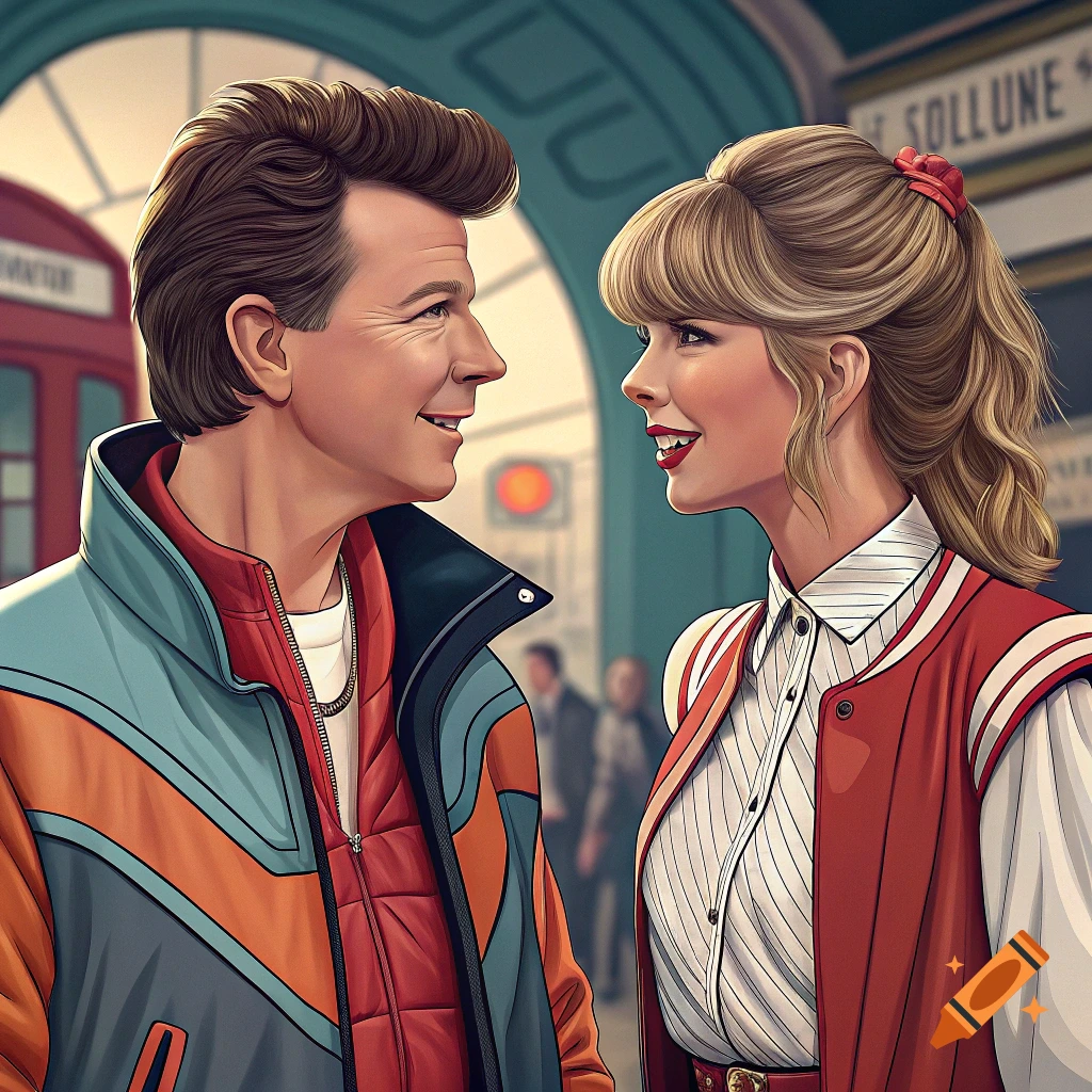 Illustration of Rick Astley and Taylor Swift in 80s outfits looking at each other in a station.