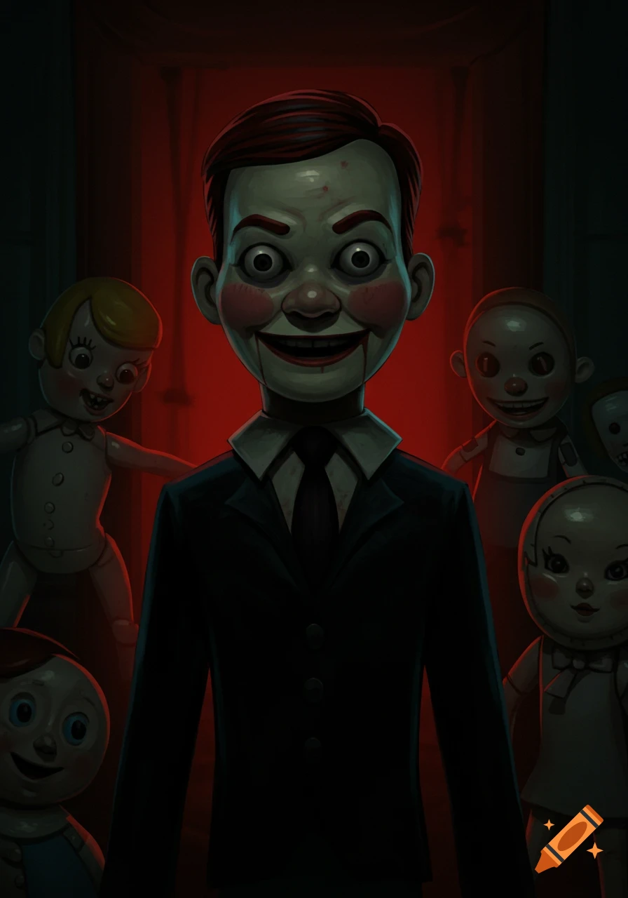 A creepy ventriloquist dummy in a suit stands centered, surrounded by other scary dolls in a dark room with red light.