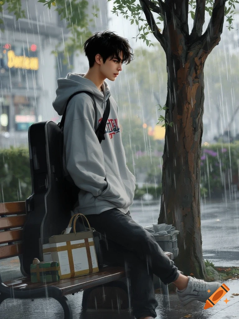 Young person sits on a bench in the rain with a guitar case and bag.