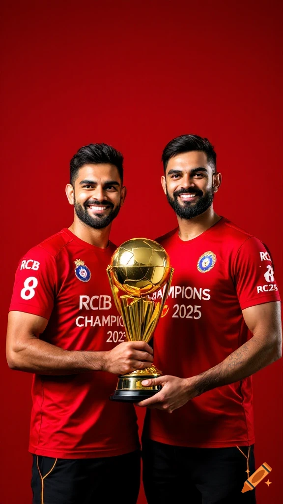 Two men in red sports shirts holding a golden trophy against a red background.