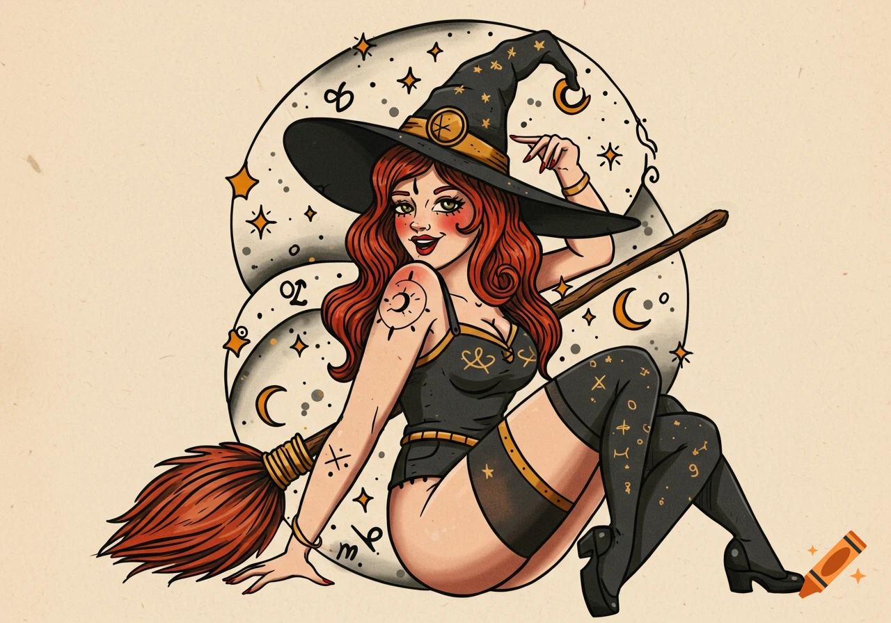 Pinup illustration of a witch riding a broomstick against a starry background in traditional tattoo art style.