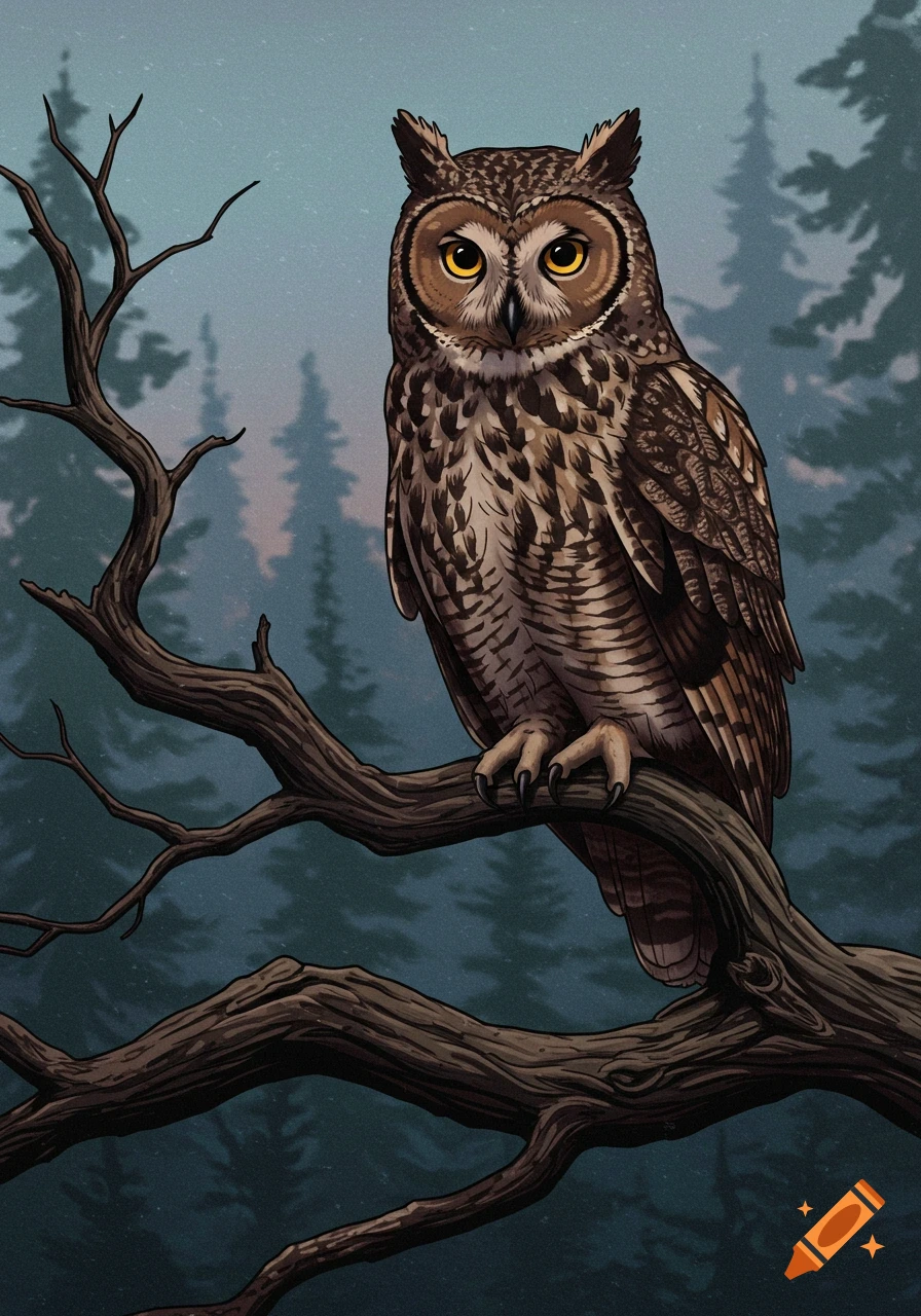 Illustration of an owl perched on a tree branch in a forest.