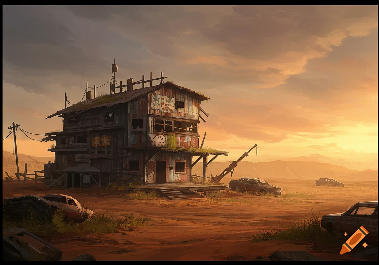 Post-apocalyptic landscape with a dilapidated building and abandoned cars at sunset, digital art