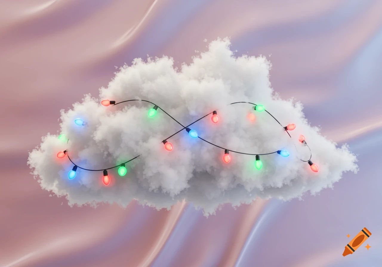 A fluffy white cloud adorned with colorful red, green, and blue party lights against a smooth pink and lavender background.