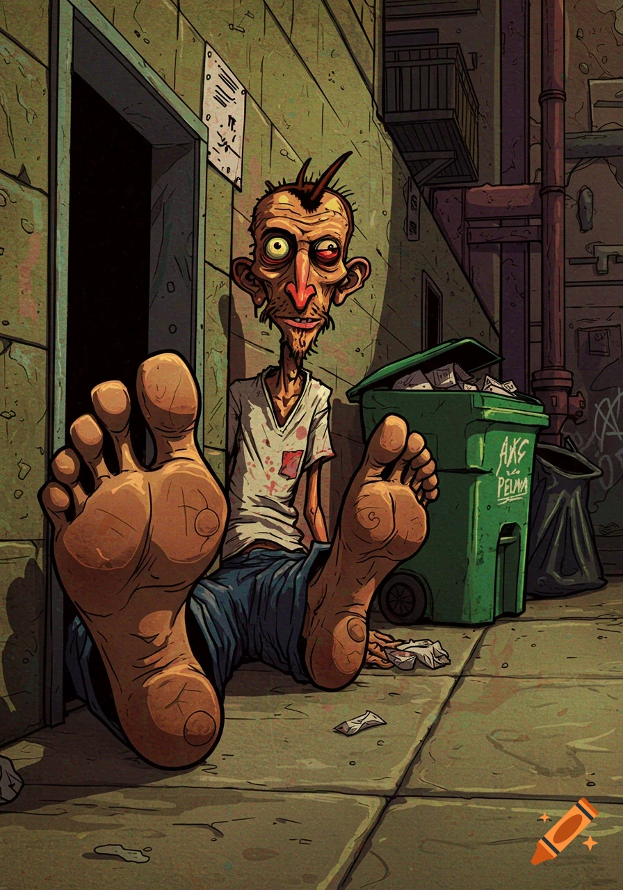 Stylized cartoon drawing of a gaunt man sitting in an alley with his ...