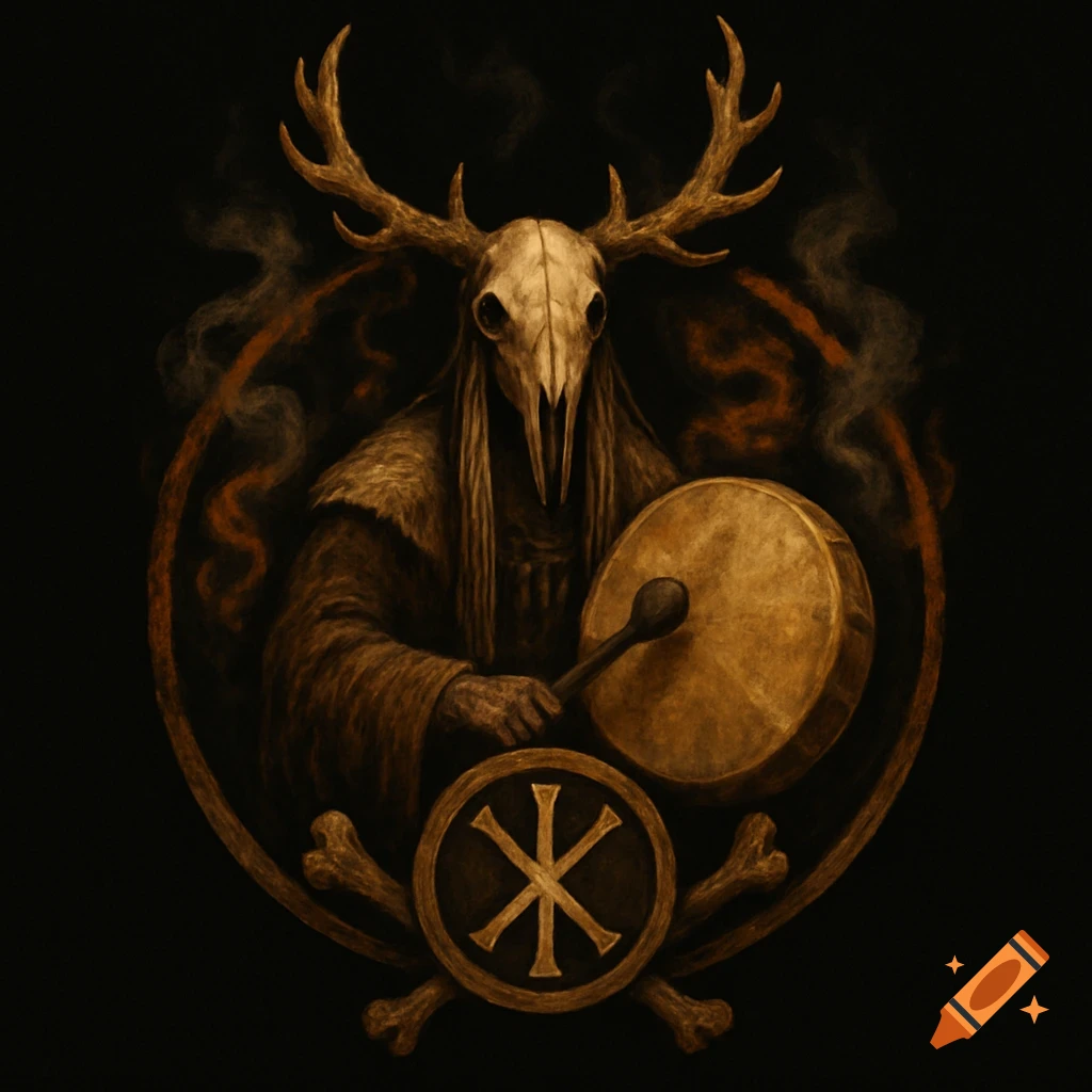 A figure in a robe wearing an animal skull mask with antlers, holding a drum and beater, surrounded by smoke and symbols.