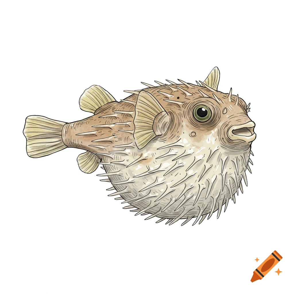 A thin-lined illustration of a puffer fish.