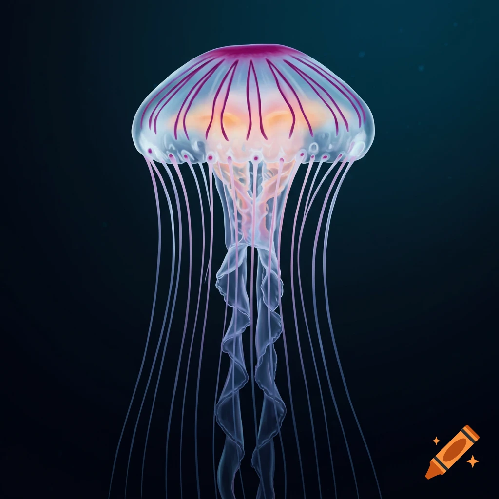A glowing jellyfish with long tentacles floats in dark water.