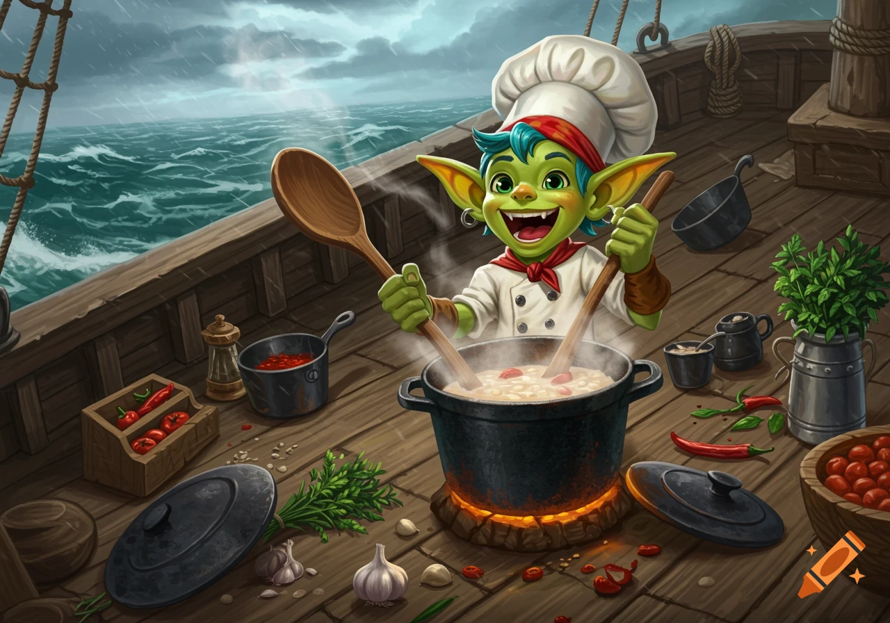 A cartoon goblin chef enthusiastically cooks on a stormy ship deck. Illustration.