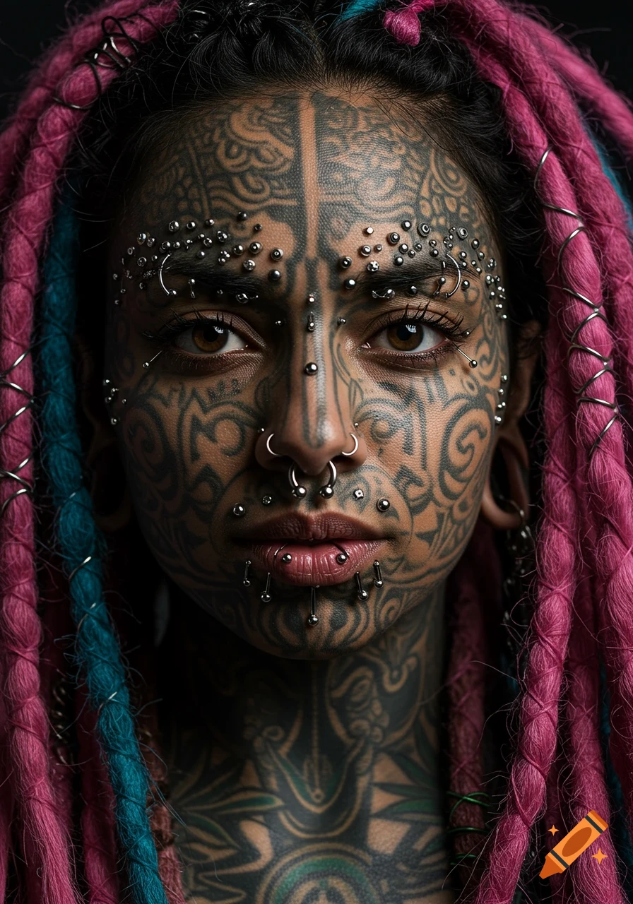 Close-up portrait of a person with extensive face tattoos, numerous piercings, stretched ears, and pink and blue dreadlocks.