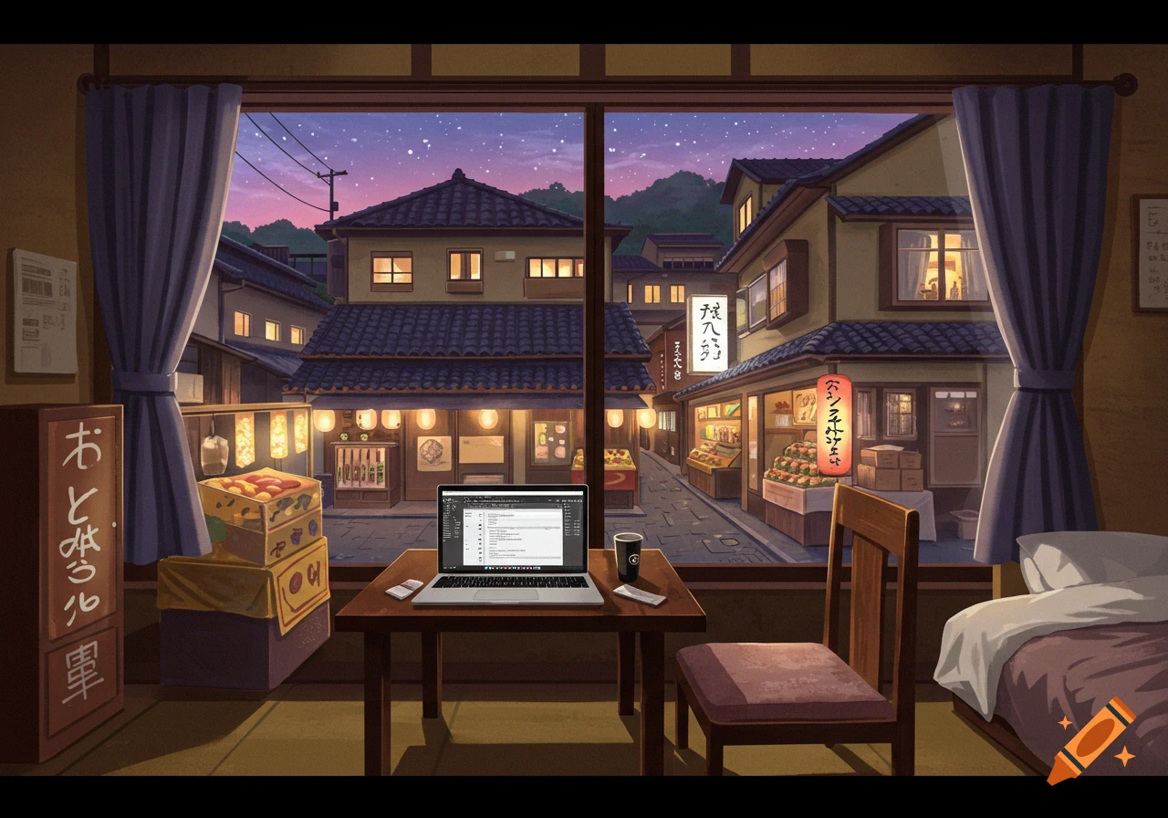 Anime painting of a room overlooking a Japanese street at night with a laptop on a table.