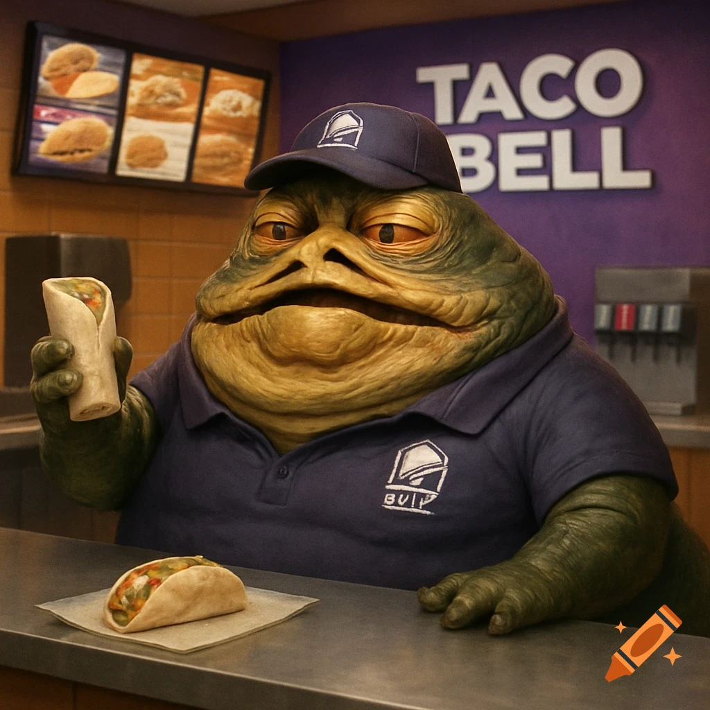 Jabba the Hutt wears a Taco Bell hat and shirt while holding a burrito behind the counter.