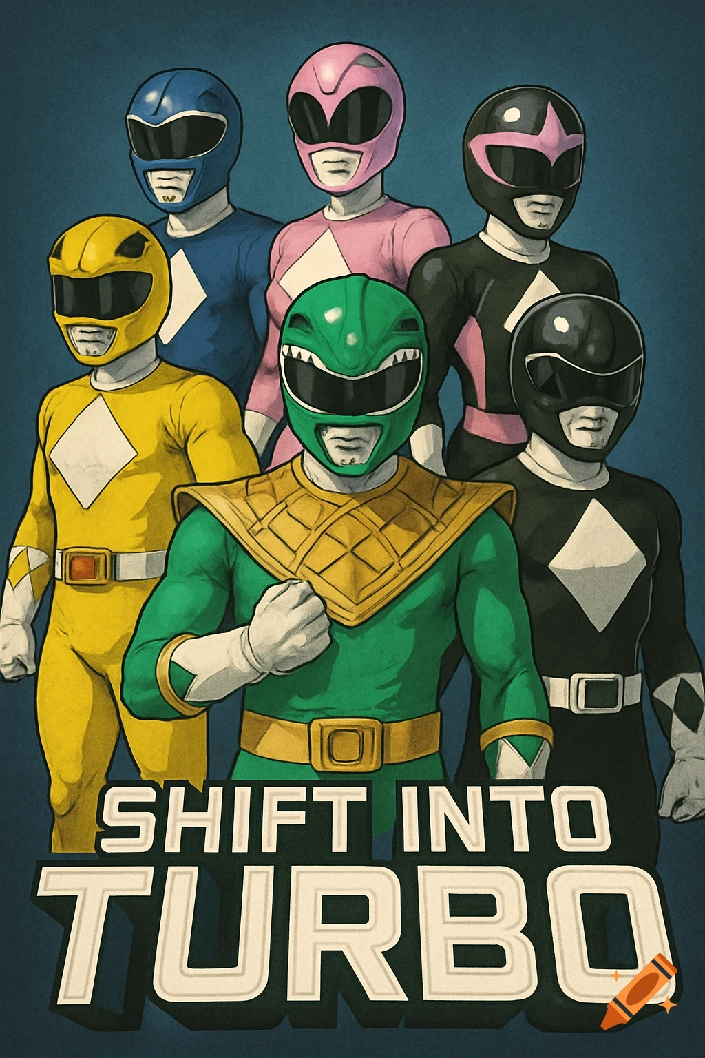 Illustration of six Power Rangers (Green, Yellow, Blue, Pink, Black) standing together with the text 'SHIFT INTO TURBO'
