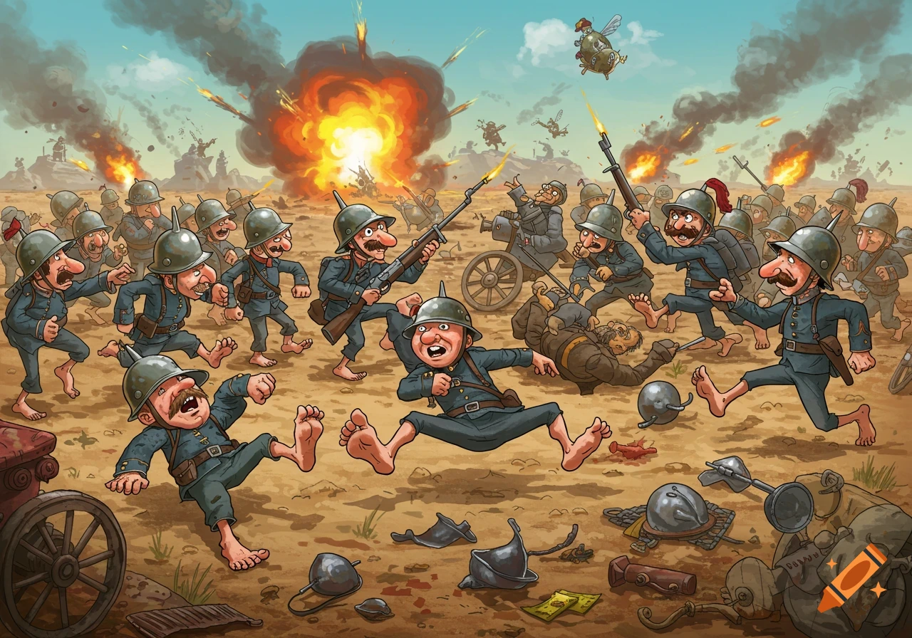 Cartoon illustration of silly, barefoot soldiers running in panic on a battlefield with explosions