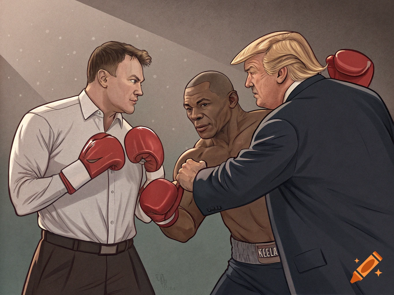 Cartoon illustration of Trump, Tyson, and another man in a boxing ring.