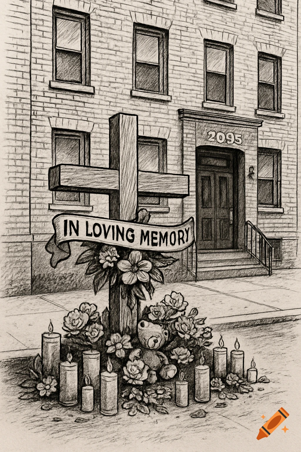 Pencil drawing of a memorial with a cross, flowers, candles, and teddy bear in front of a building numbered 2095.