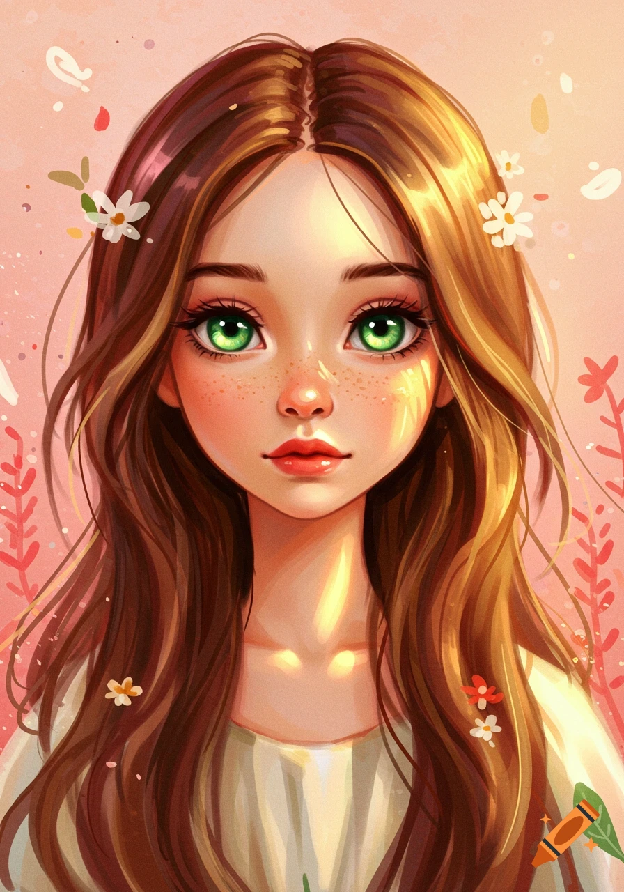 A stylized portrait of a young girl with long brown hair and bright green eyes surrounded by flowers and speckles.