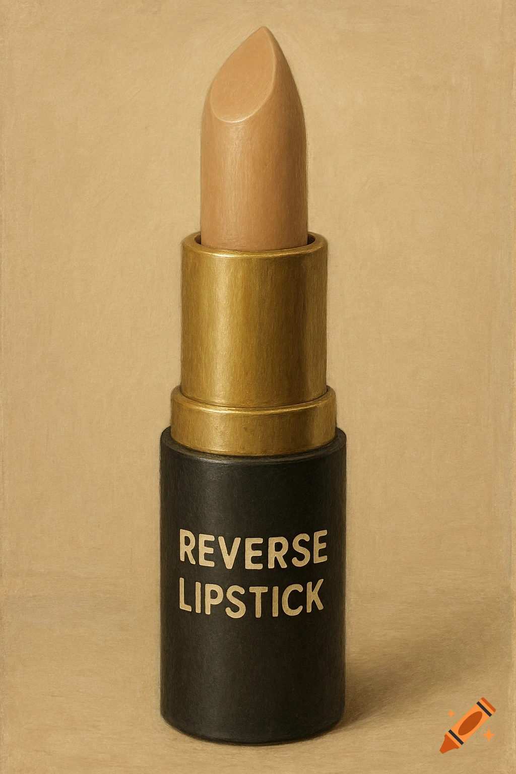 Close-up of beige lipstick in black and gold tube with 'REVERSE LIPSTICK' text on it, textured style