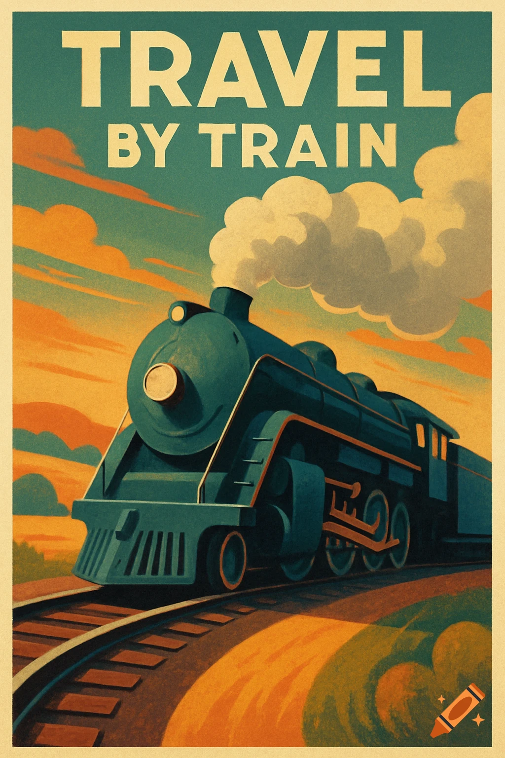 Retro style travel poster illustration of a steam train on tracks under a sky at sunset with text 'TRAVEL BY TRAIN'.