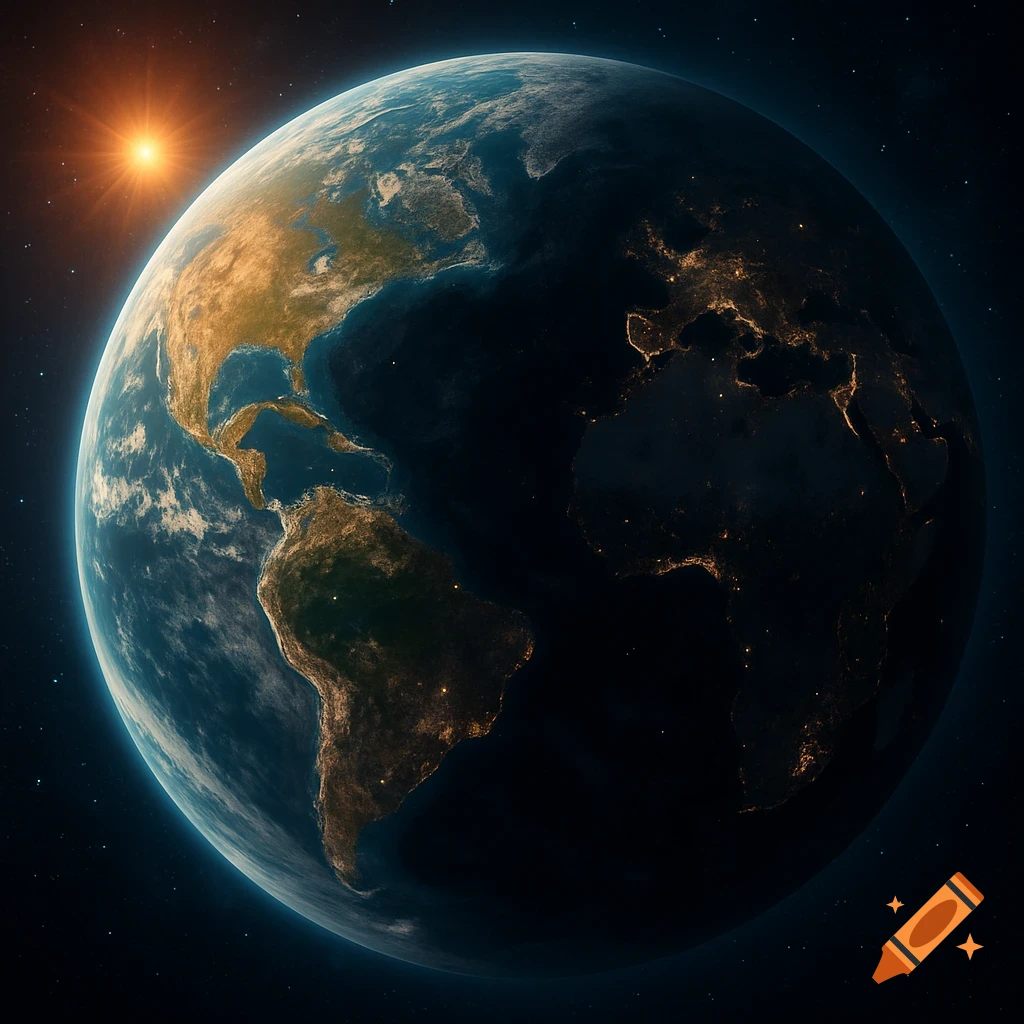 View of Earth from space showing the terminator line separating day and night, with city lights visible on the night side.