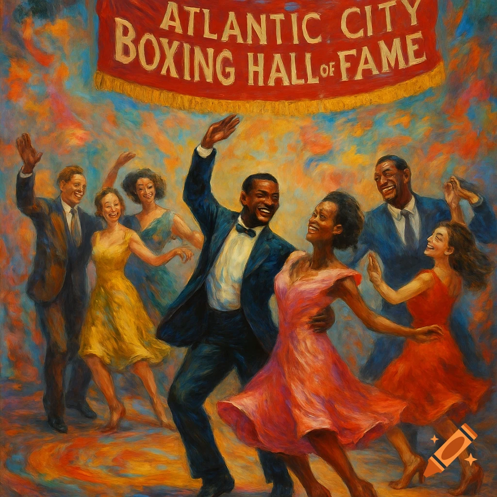 Painterly image of people dancing joyfully under a banner reading 'Atlantic City Boxing Hall of Fame'.