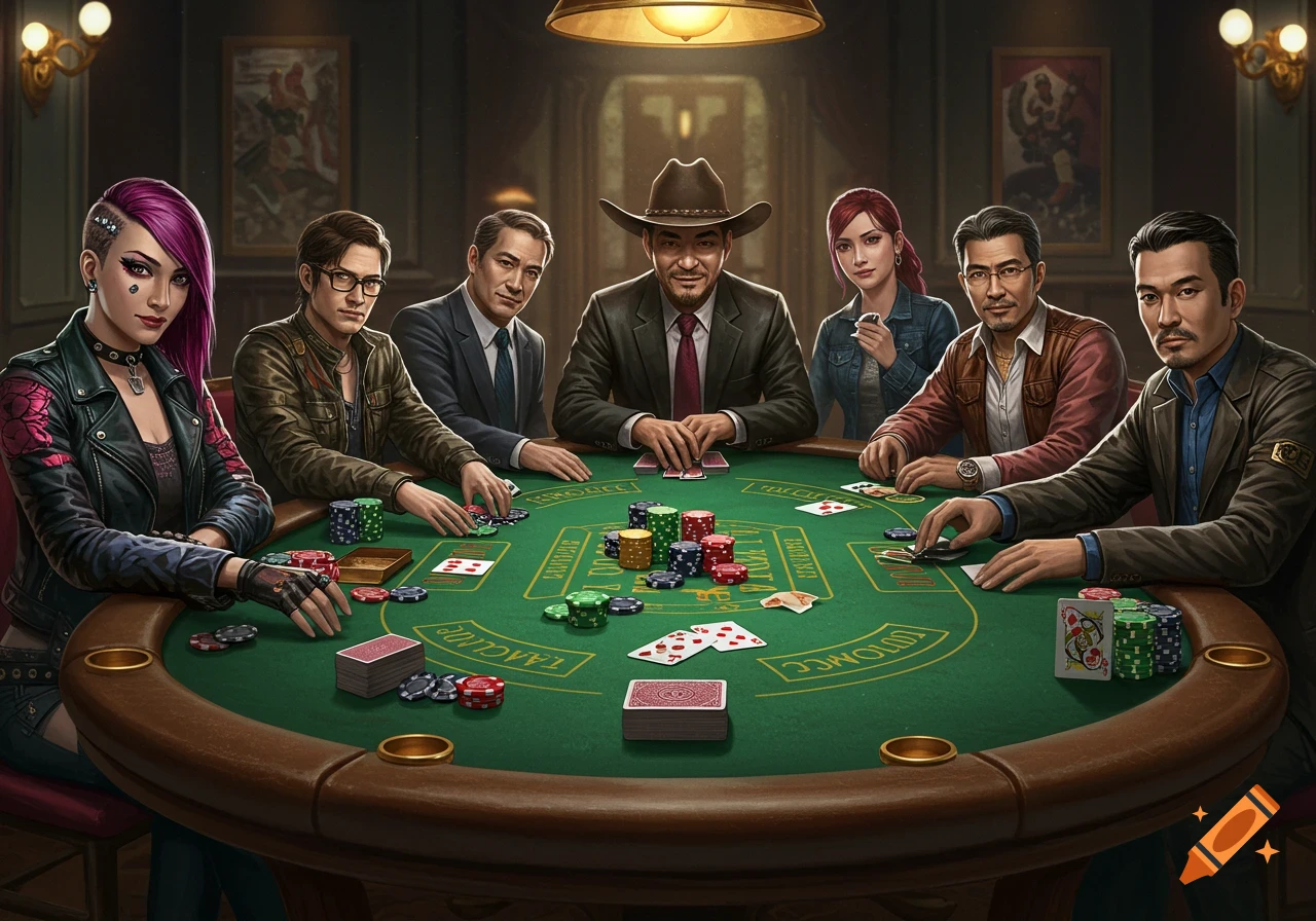 Diverse group of people playing poker around a green table in a dimly lit room.