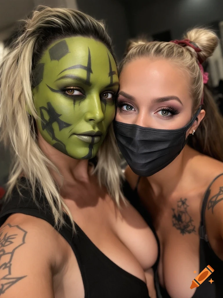 Two women pose together, one with green face paint and tattoos, the other wearing a black mask.