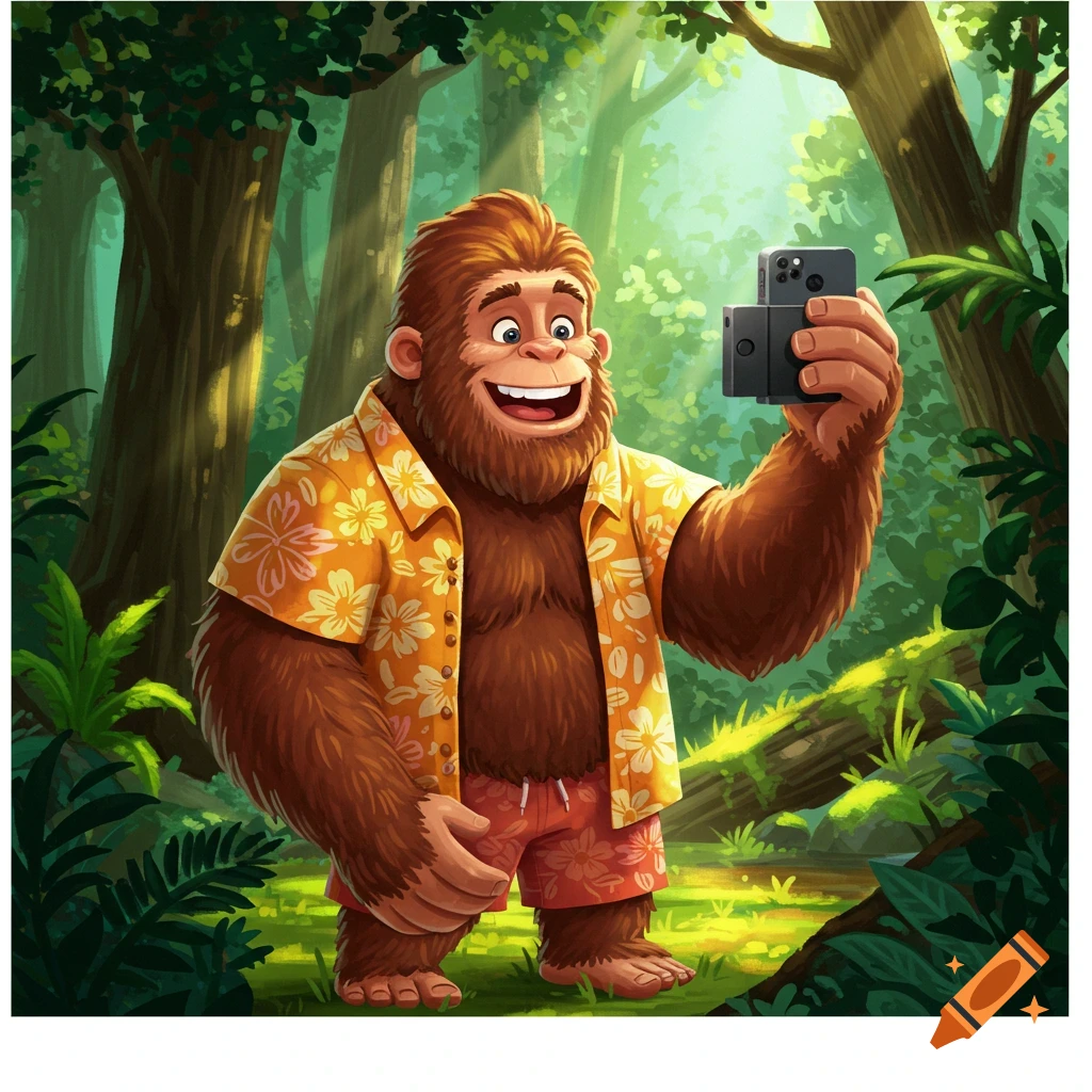 Cartoon Bigfoot in a Hawaiian shirt and shorts takes a selfie with a phone in a sunny forest.