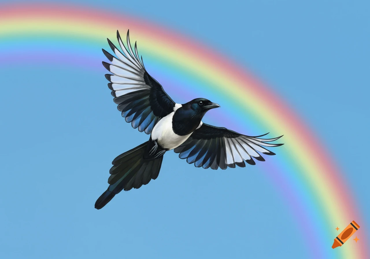 A magpie with black and white feathers flies in a blue sky with a rainbow.