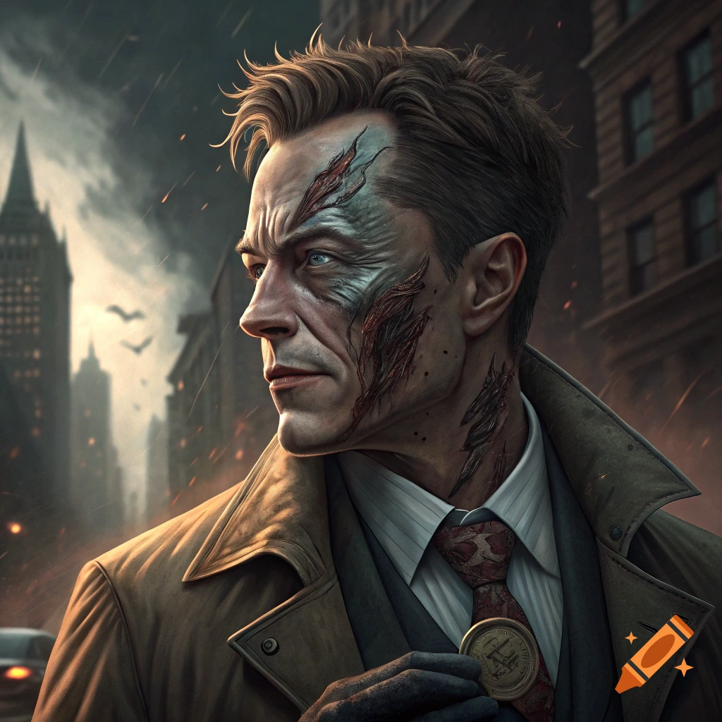 Cinematic portrait of a man with half his face scarred like Two-Face from the Dark Knight, wearing a trench coat, in a stormy city.