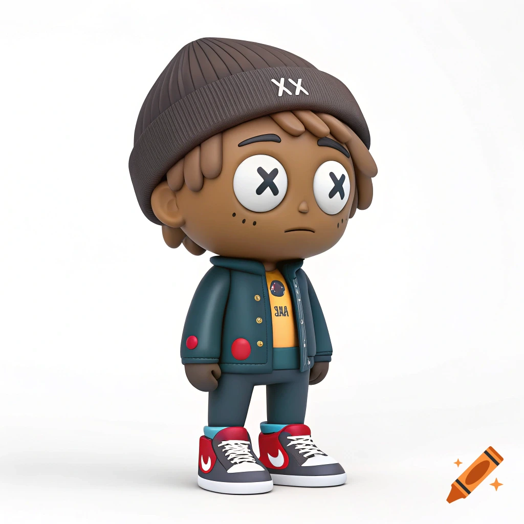 A cartoon KAWS-style figurine resembling Juice WRLD, wearing a beanie, teal jacket, and colorful sneakers, on a white background.