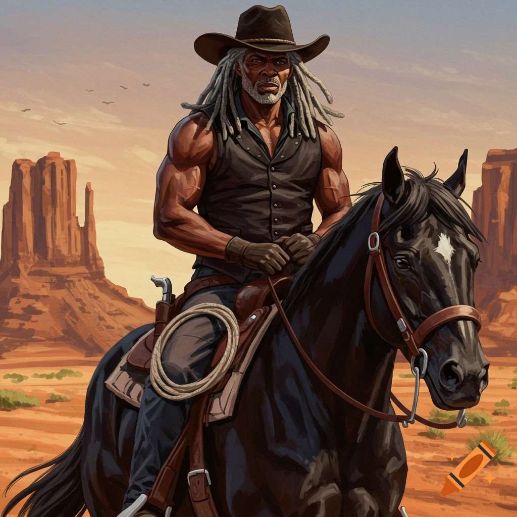 A muscular Black man with dreadlocks in a cowboy hat and vest rides a black horse through a desert landscape with rock formations.