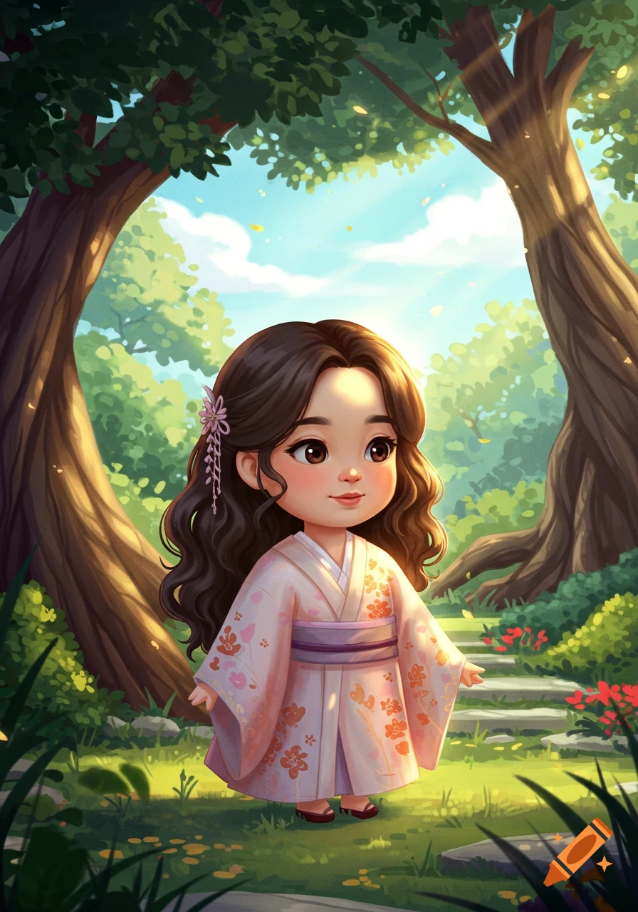Cute child in pink kimono in a forest setting, illustration style