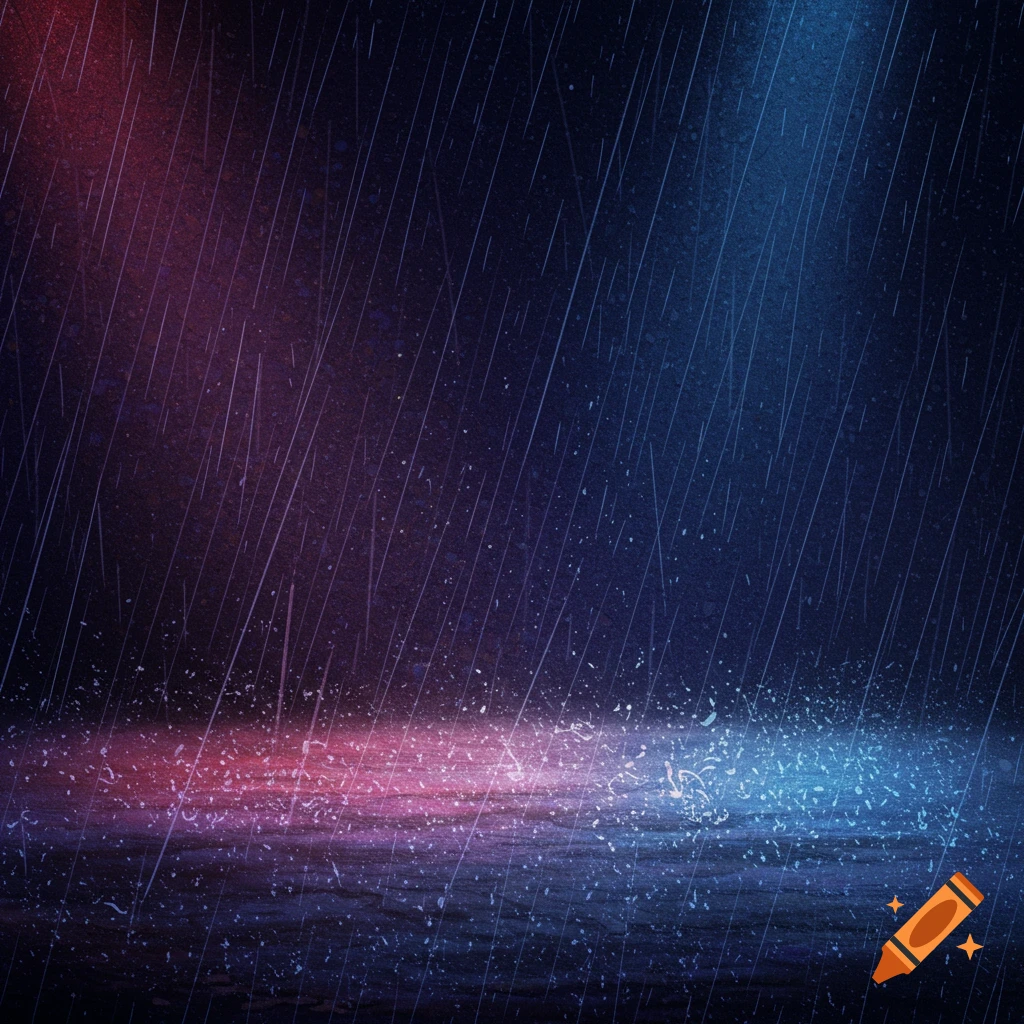 Rain falling in a dark space lit by red and blue lights