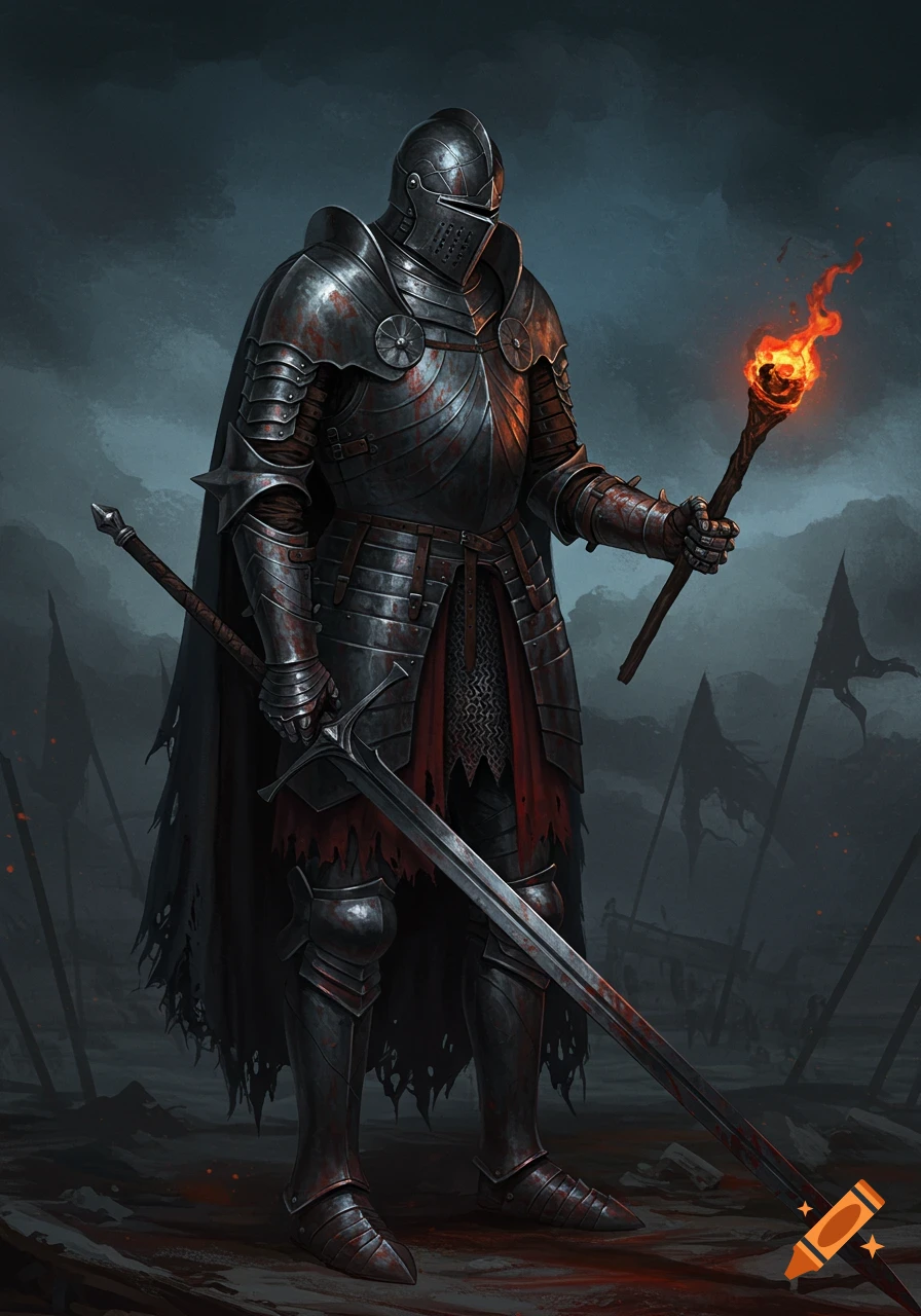 Knight in blood-stained armor holds a sword and torch on a dark fantasy battlefield.
