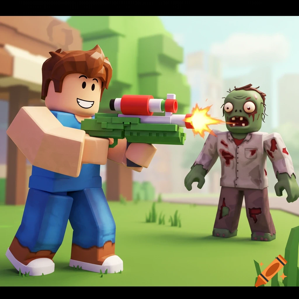A Roblox character aims a rifle and shoots a zombie in a field.