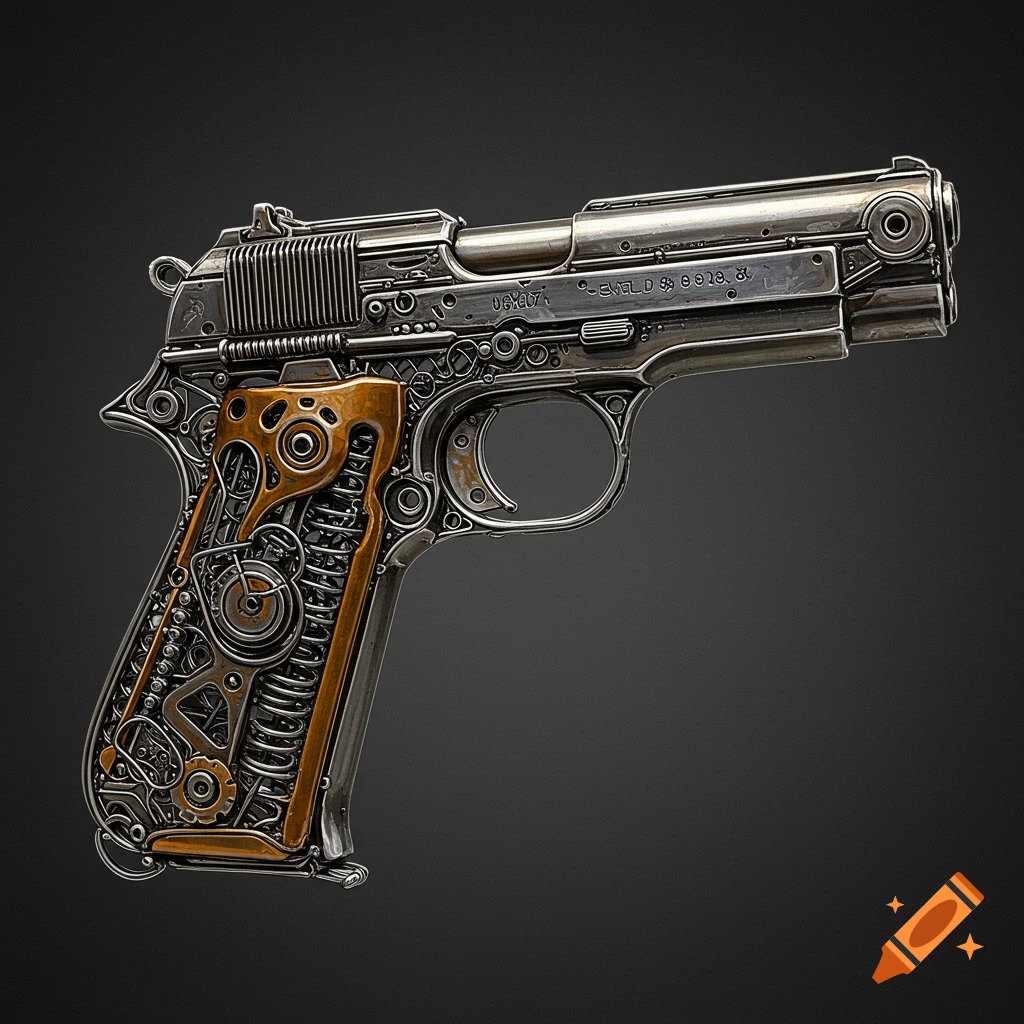 A detailed steampunk-style metal pistol with visible internal gears and springs.