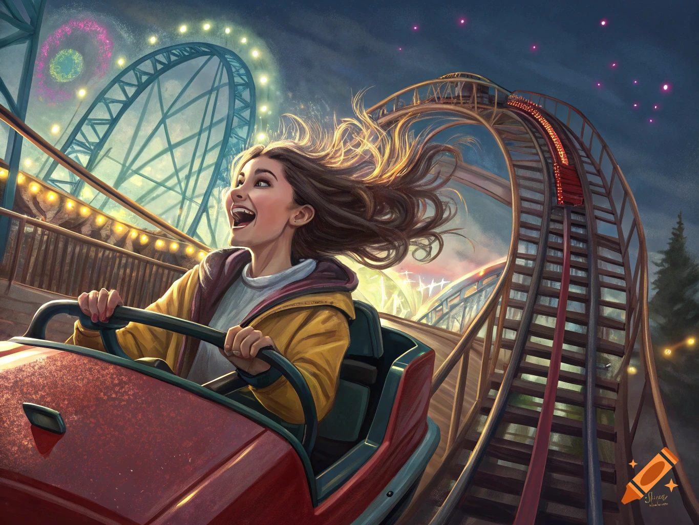 A young woman screams with excitement on a rollercoaster at night, digital painting.