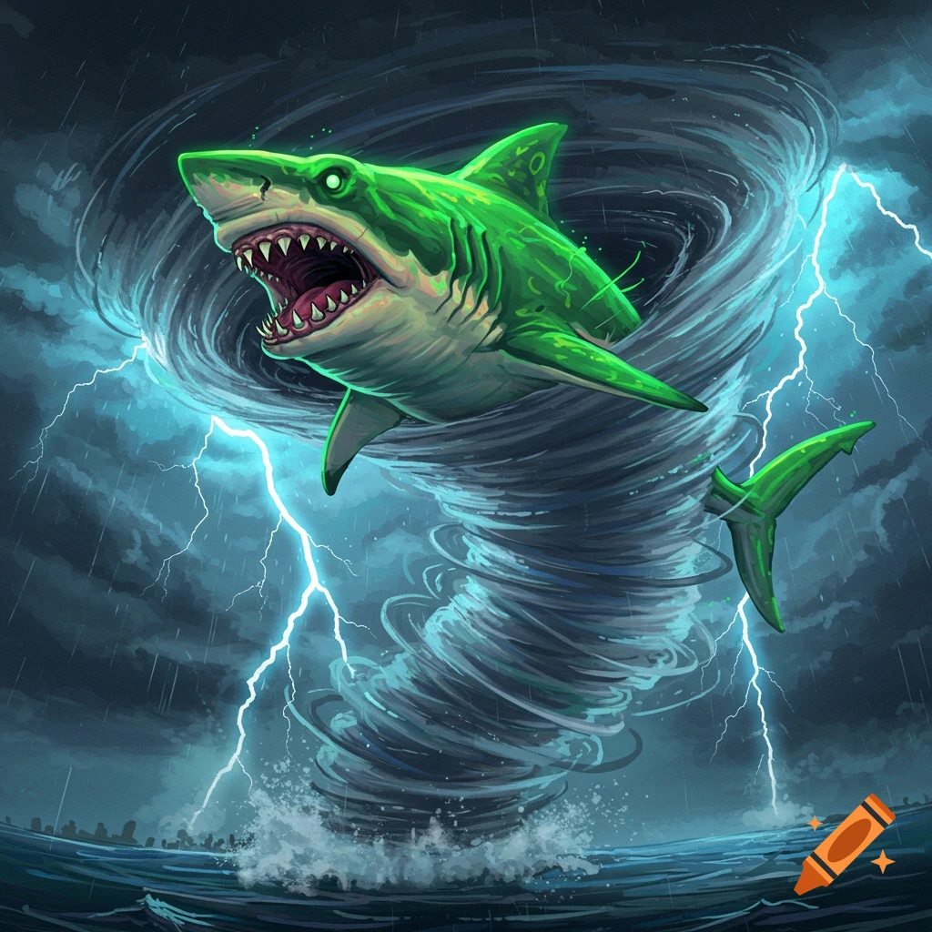 A green shark with glowing eyes is shown flying inside a powerful tornado with lightning striking around it over a stormy ocean.