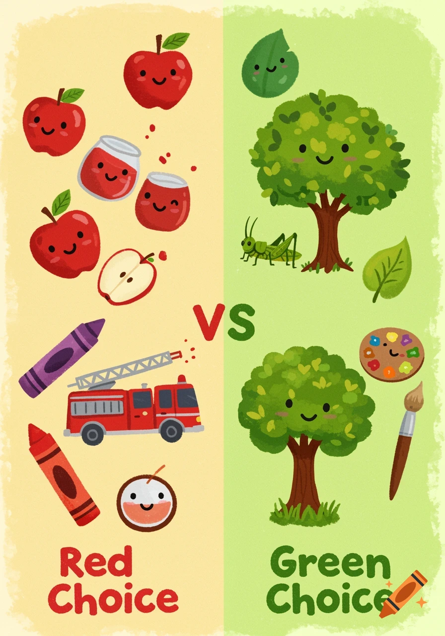 Cute illustration showing a split screen with red items on the left ("Red Choice") and green items on the right ("Green Choice").