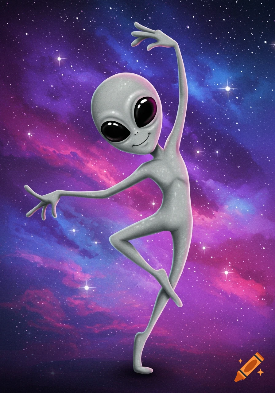 A cartoon grey alien dances in a starry purple and blue galaxy.
