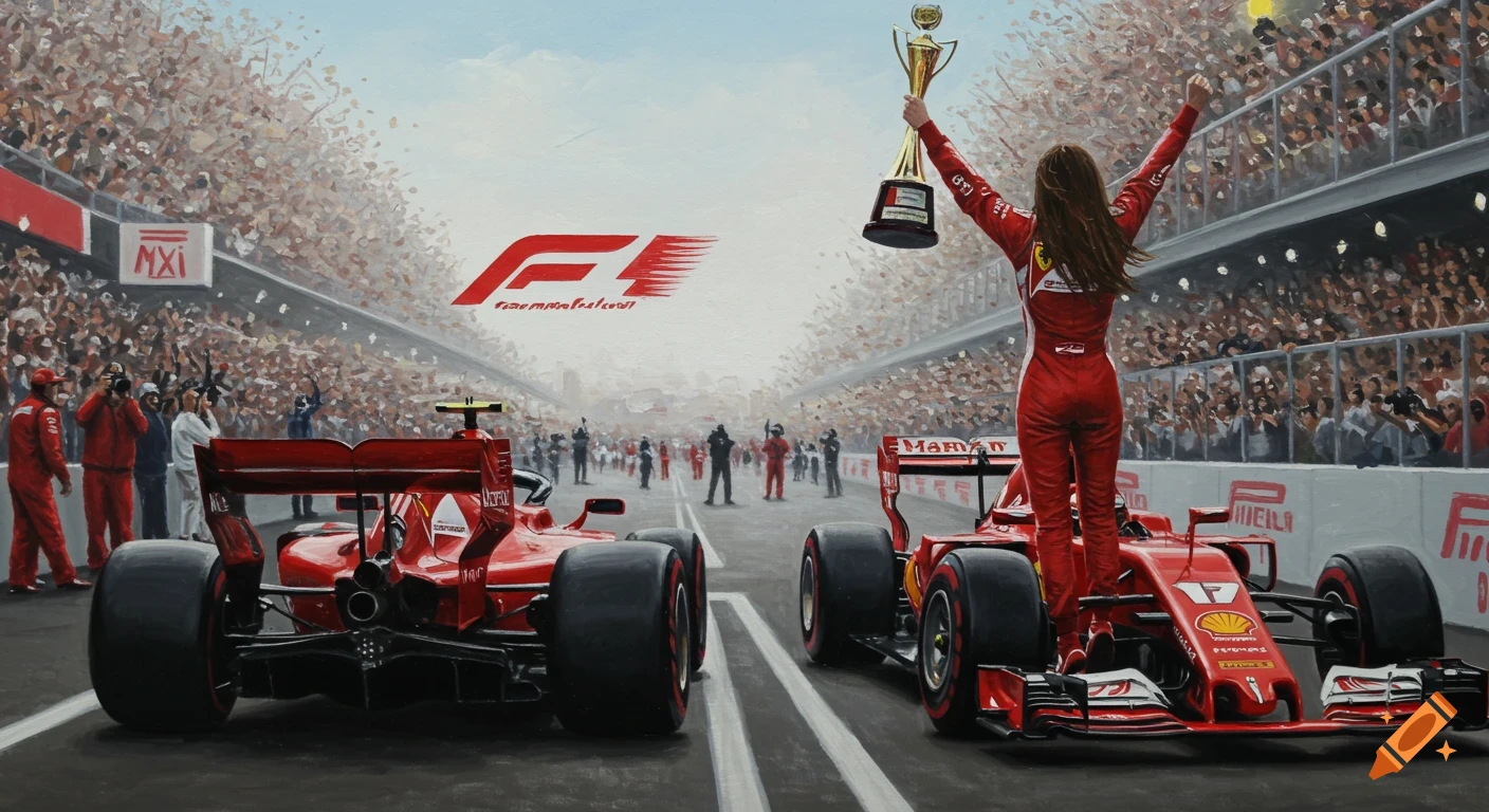 Oil painting of a woman celebrating a race victory next to a red F1 car, with another car and a crowd in the background.