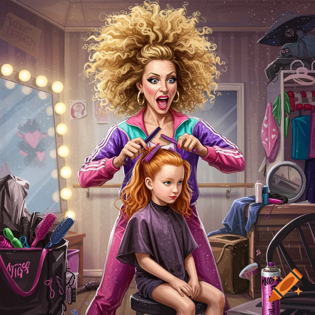 Illustrative painting of a woman with big curly hair doing a child's hair in a messy dressing room.