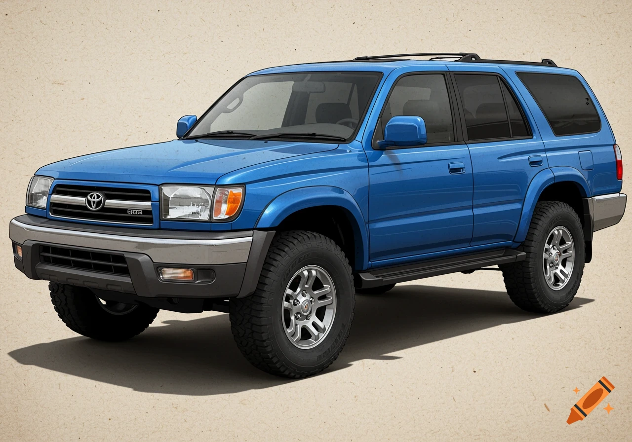 A blue SUV parked on a textured surface.