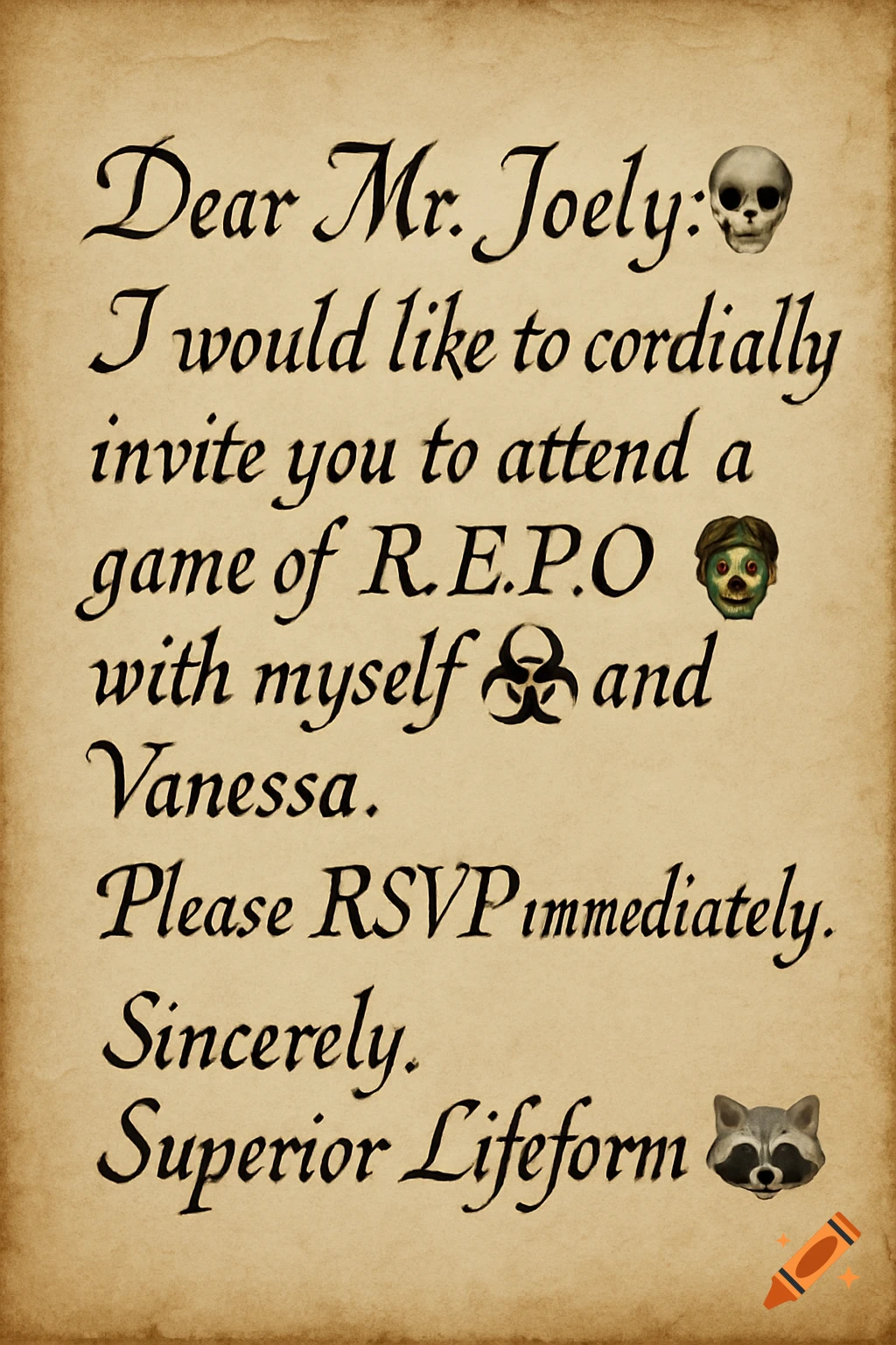 A formal invitation letter on aged paper with black script and small emoji-like illustrations of a skull, zombie face, biohazard symbol, and raccoon face.