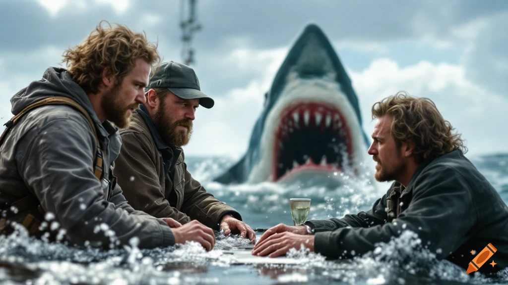 Three men sit around a table in the ocean as a large shark attacks from behind.