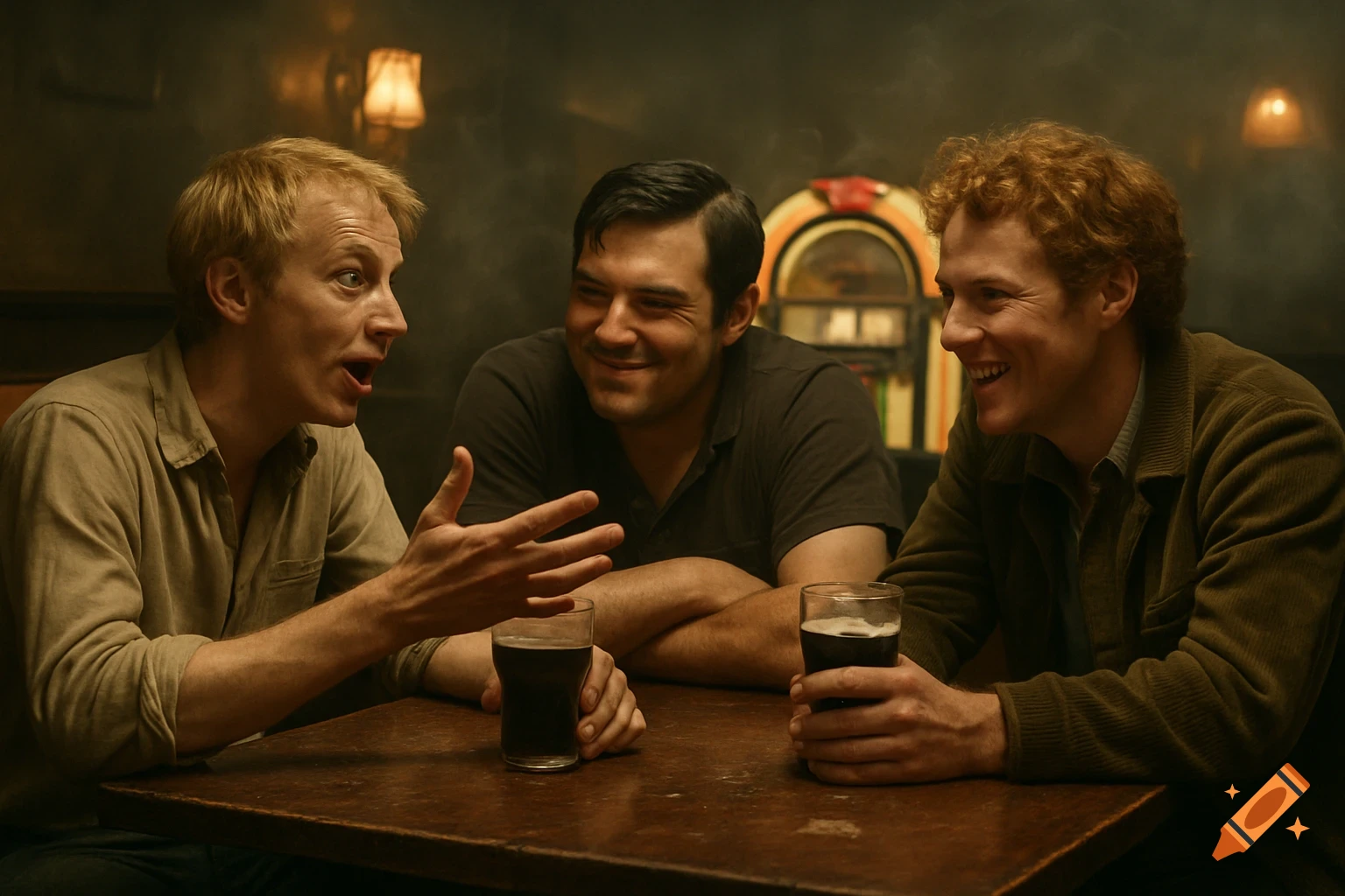 Three men talking at a table with drinks in a dimly lit 1970s pub with a jukebox, photorealistic.