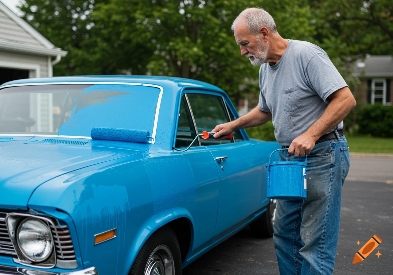 A man paints a blue classic car with a paint roller.
