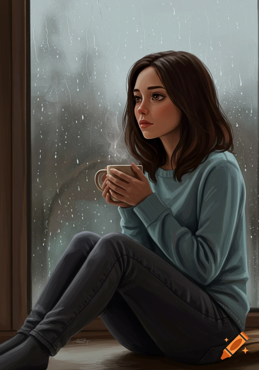 Painting of a woman holding a mug, looking out a rainy window.